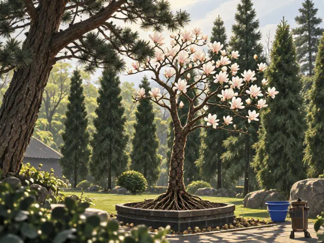 玉兰花根系发达,松柏高洁,打造高洁庭院的种植秘诀