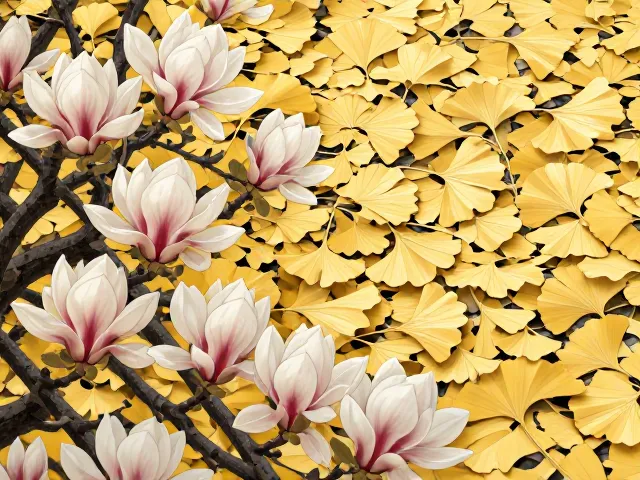 玉兰花与银杏，叶形之美，寓意长寿与坚韧