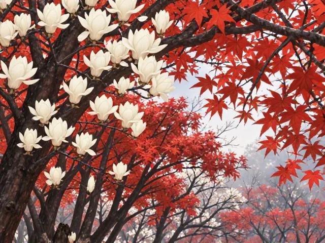 玉兰花与枫树，秋思红叶里的思乡情