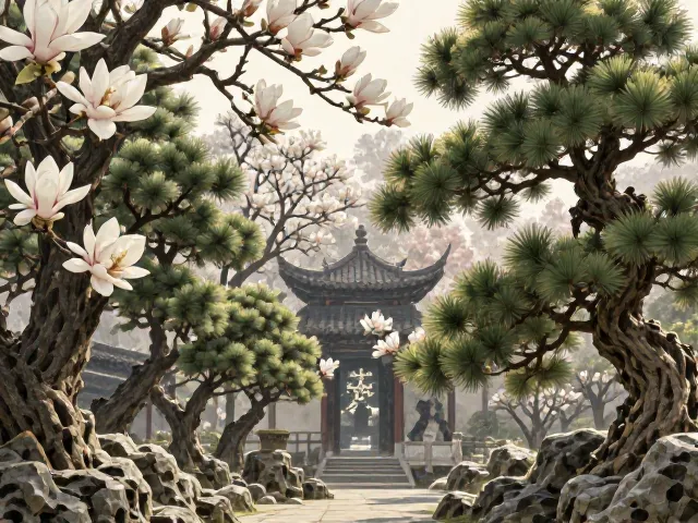 玉兰花与松柏群植树,高洁寓意解析及庭院种植风水指南