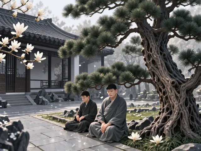 玉兰花与松柏群植树,高洁寓意解析及庭院种植风水指南