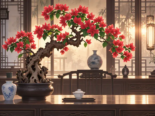 书房案头养三角梅，枝干苍劲如老桩，打造中式雅致空间