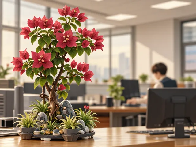 三角梅办公室装饰,缩龙成寸打造微型花园,高颜值又解压