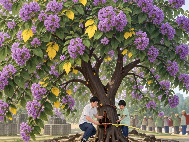 紫薇树春季施肥促花,检查根系健康,花开满枝不黄叶