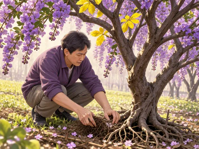 紫薇树春季施肥促花,检查根系健康,花开满枝不黄叶