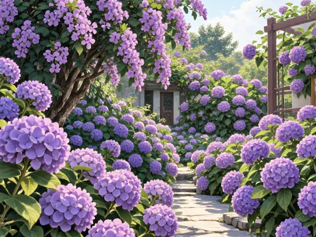 紫薇树绣球花,夏日庭院花繁茂盛景与养护指南