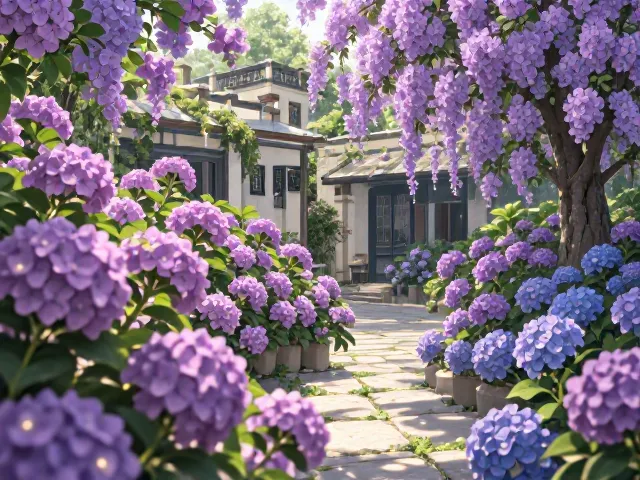 紫薇树绣球花,夏日庭院花繁茂盛景与养护指南