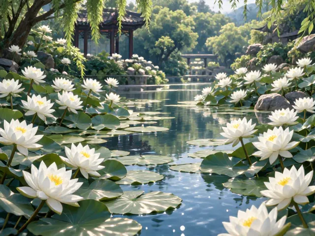 庭院水景设计,白睡莲打造色彩层次丰富的梦幻景观