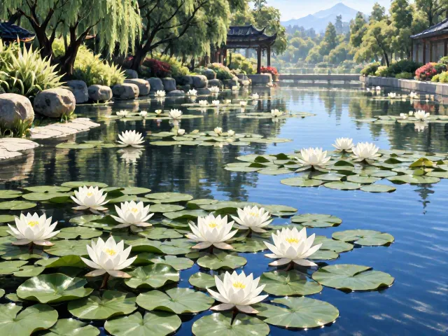 庭院水景设计,白睡莲打造色彩层次丰富的梦幻景观