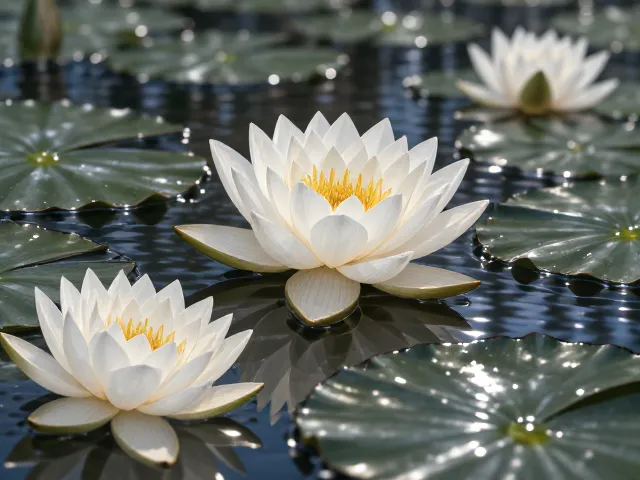 白睡莲色彩层次丰富，王莲代表力量，揭秘水生植物的美学与寓意