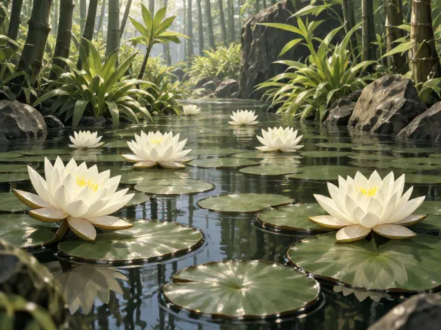 白睡莲搭配沉水植物底层,轻松保持水质清洁的生态造景技巧