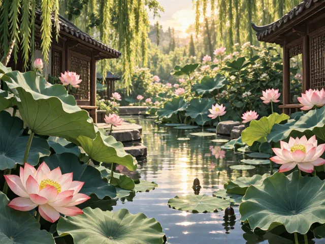 庭院荷花水景，打造生态净化系统，打造自然美景