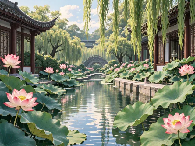 庭院荷花水景，打造生态净化系统，打造自然美景
