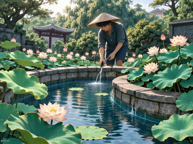 庭院荷花水景，打造生态净化系统，打造自然美景