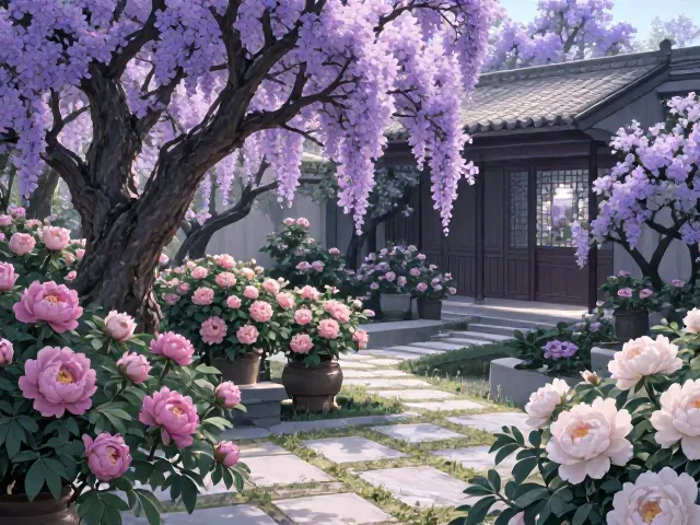 紫薇树配牡丹盆栽点缀，打造高颜值庭院景观