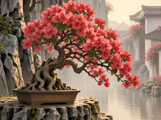 三角梅悬崖式造型，观察自然形态，打造飘逸流水盆景