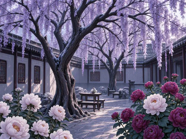 紫薇树冬枝观形，搭配芍药打造冬季庭院景观指南