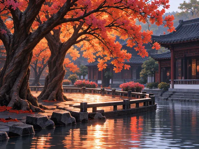 紫薇树配水景，秋叶变色打造绝美庭院景观