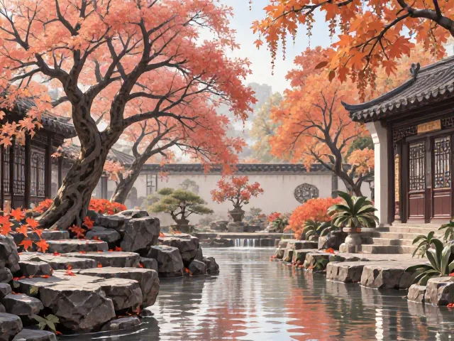 紫薇树配水景，秋叶变色打造绝美庭院景观