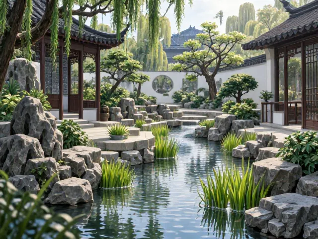 四季分明庭院水景设计，石菖蒲点缀灵动水景，打造四季皆景的私家园林