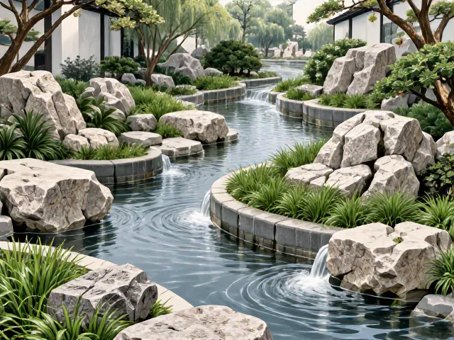 四季分明庭院水景设计，石菖蒲点缀灵动水景，打造四季皆景的私家园林