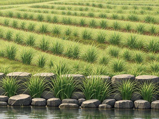 河道驳岸石菖蒲种植，打造层次丰富的生态景观