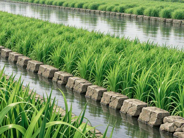 河道驳岸石菖蒲种植，打造层次丰富的生态景观