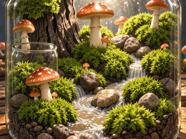玻璃瓶微景观教程,苔藓石头蘑菇打造高低错落治愈系桌面生态