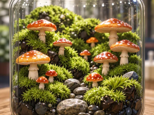 玻璃瓶微景观教程,苔藓石头蘑菇打造高低错落治愈系桌面生态