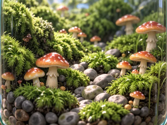 玻璃瓶微景观教程,苔藓石头蘑菇打造高低错落治愈系桌面生态
