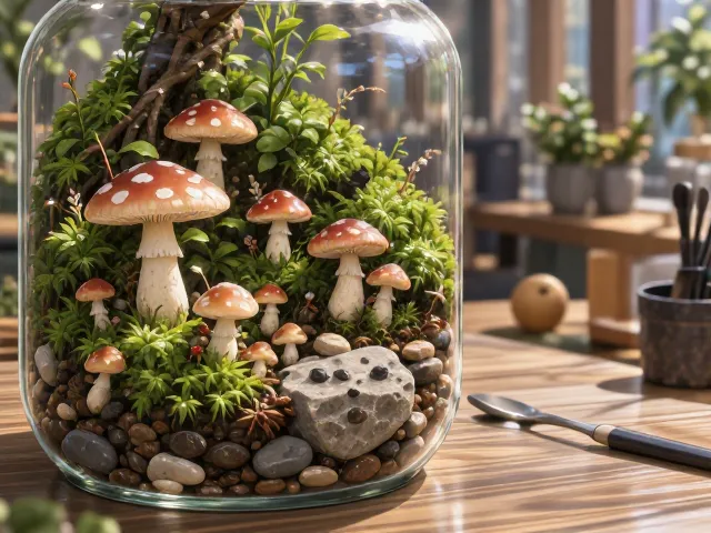 玻璃瓶微景观教程,苔藓石头蘑菇打造高低错落治愈系桌面生态