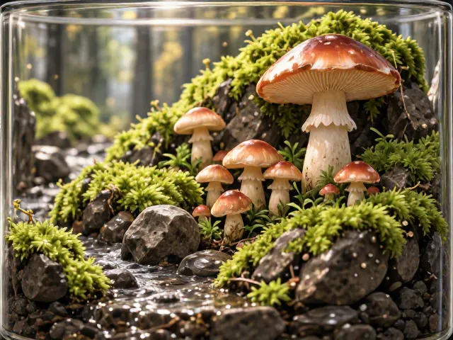 苔藓石头蘑菇玻璃瓶景，每月清洁一次，打造高颜值微景观