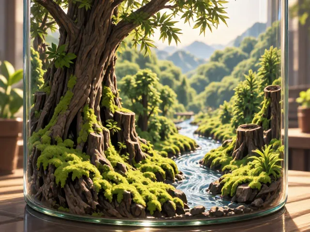 DIY微缩景观,玻璃瓶景搭配仿真树桩,打造治愈系桌面生态