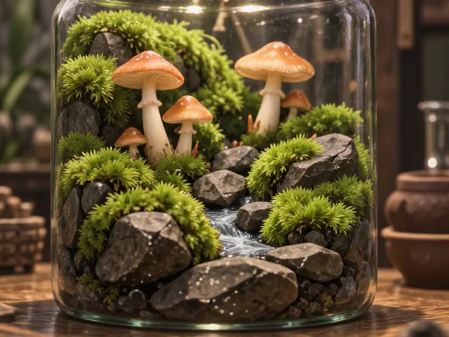 苔藓石头蘑菇微景观，玻璃瓶与陶瓷盆的搭配美学及养护指南