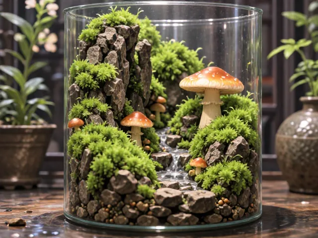 苔藓石头蘑菇微景观，玻璃瓶与陶瓷盆的搭配美学及养护指南