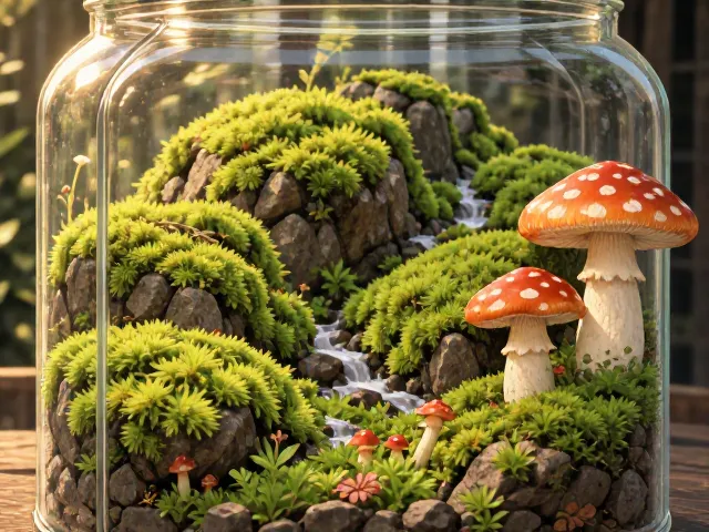 苔藓石头蘑菇微景观，玻璃瓶与陶瓷盆的搭配美学及养护指南
