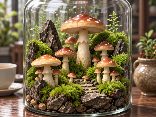 苔藓石头蘑菇微景观，玻璃瓶与陶瓷盆的搭配美学及养护指南