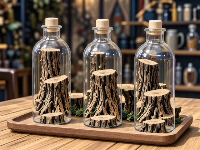 玻璃瓶景搭配仿真树桩与木质托盘,打造高颜值桌面微景观