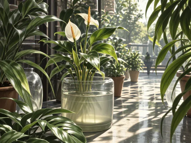 白掌水培防浑浊,抑制微生物滋生,搭配吊兰更美观