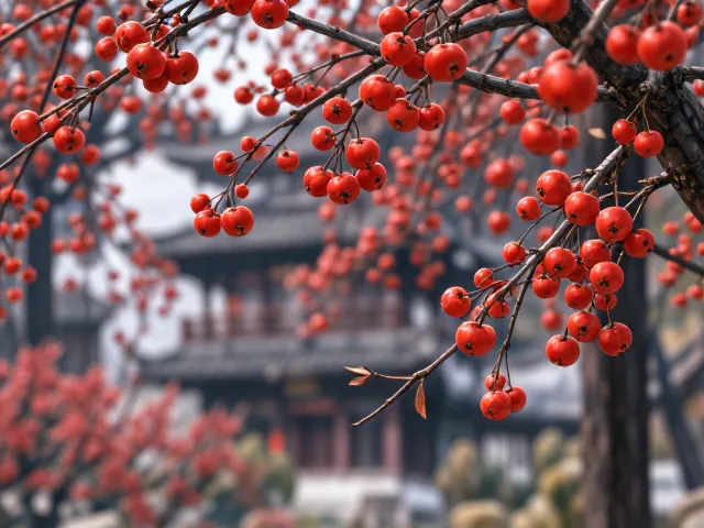 海棠果落叶后显果，园林点缀的绝佳选择