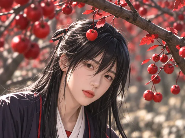 海棠果无病虫斑，红叶衬托更诱人