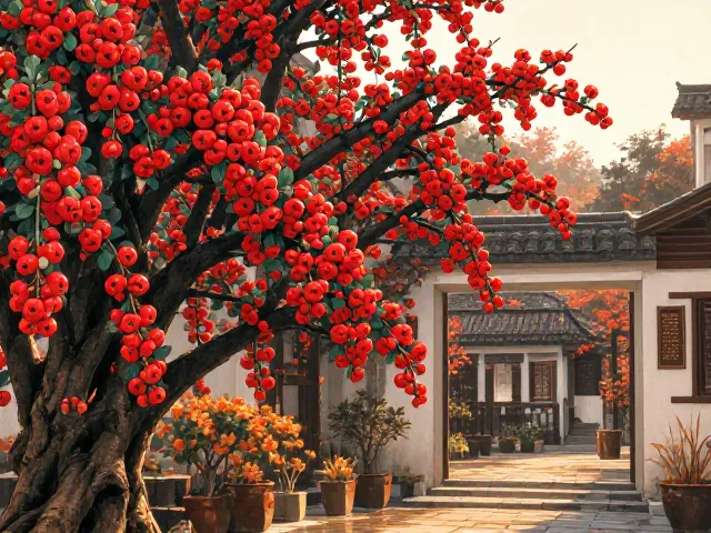 火棘常绿秋冬景观,红果累累寓意吉祥平安,庭院首选