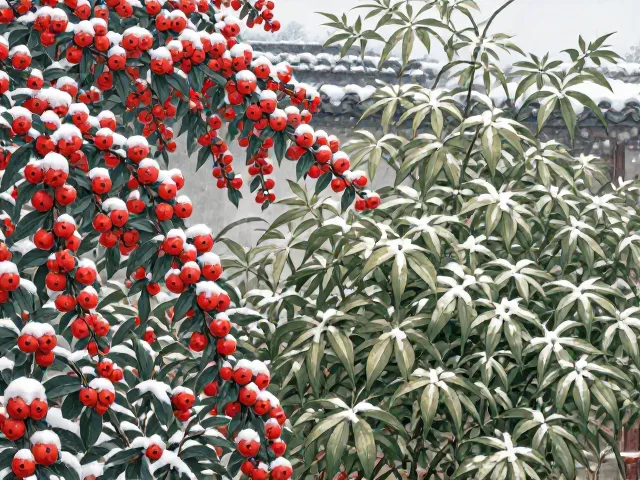 火棘常绿冬果映雪与南天竹搭配,打造庭院冬日景观