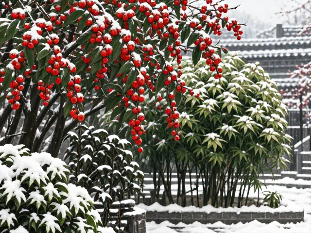 火棘常绿冬果映雪与南天竹搭配,打造庭院冬日景观