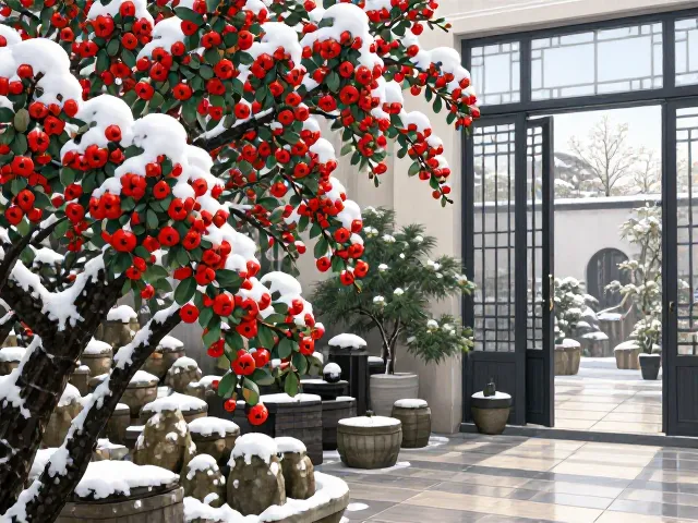火棘常绿冬果映雪与南天竹搭配,打造庭院冬日景观