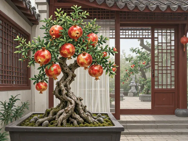 石榴盆景融入园林小品，打造微缩生态平衡的庭院景观