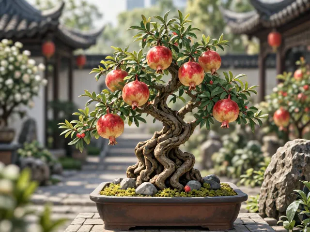 石榴盆景融入园林小品，打造微缩生态平衡的庭院景观