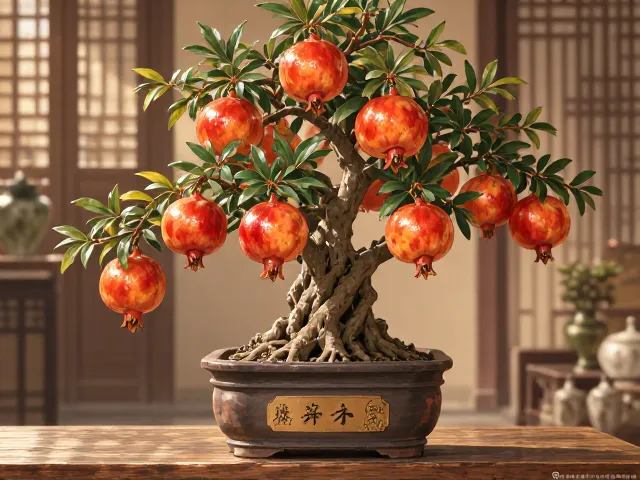 石榴盆景寓意多子多福，红橙果实点缀家居招财纳福