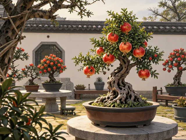 石榴盆景适应性强，庭院造景首选，四季观赏价值高