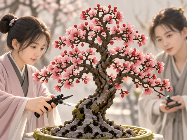 海棠盆景花后修剪，保留清雅高洁之姿，促发新枝